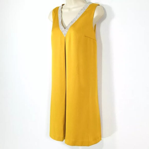 F & P Paris Marigold Satin Bejeweled Dress Sz M Open Flowing Back Panels - Picture 3 of 10